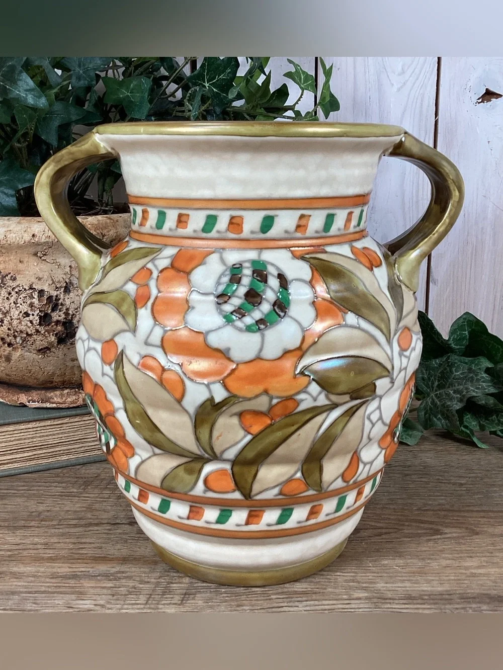 Charlotte Rhead Crown Ducal Pottery Twin Handled Vase Persian Rose Patte…